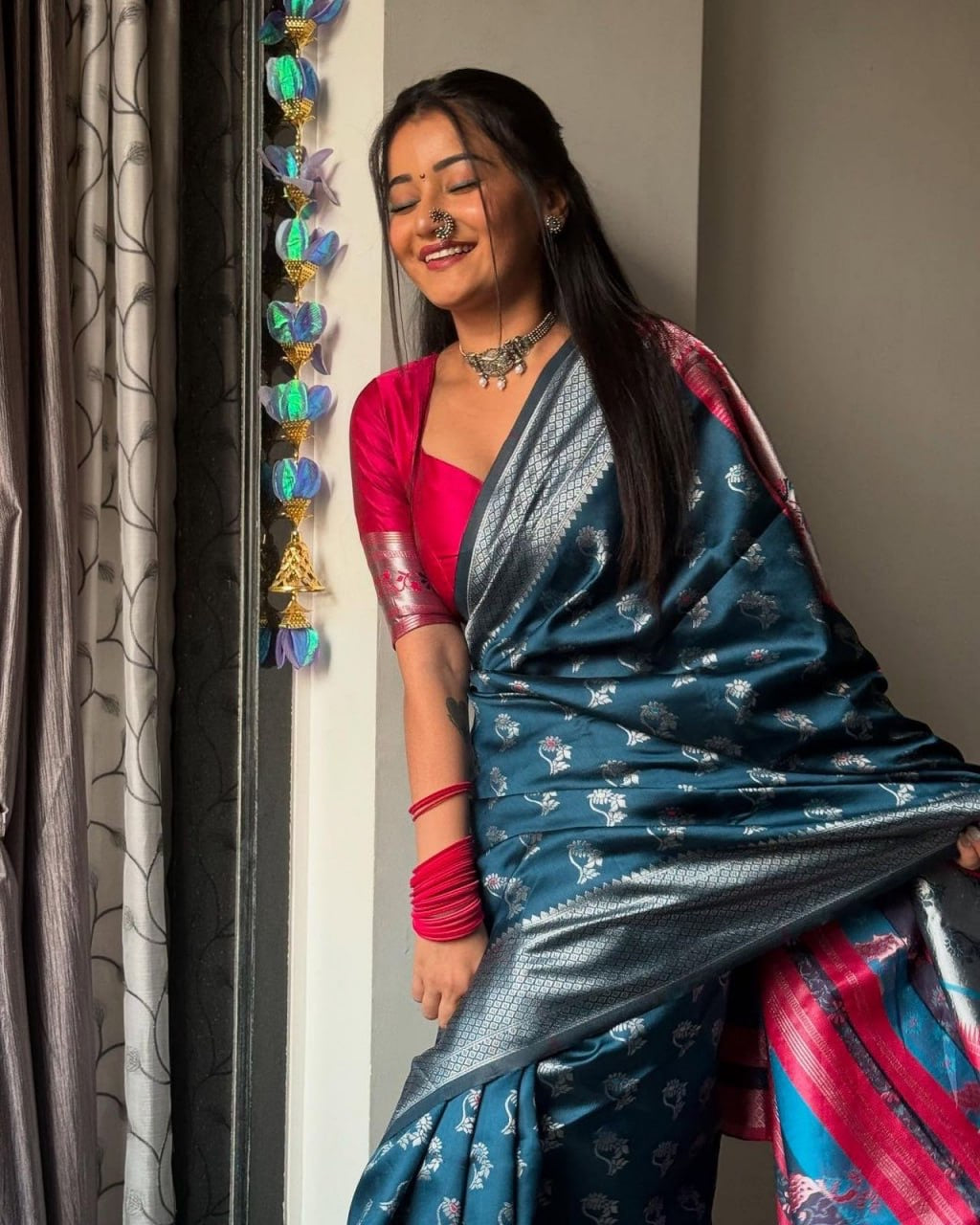 Teal Blue Silk Saree with Silver Zari Weaving & Contrast Pink Blouse