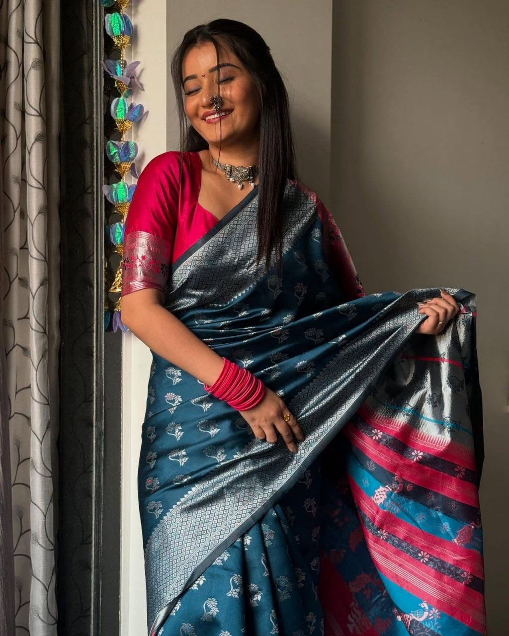 Teal Blue Silk Saree with Silver Zari Weaving & Contrast Pink Blouse