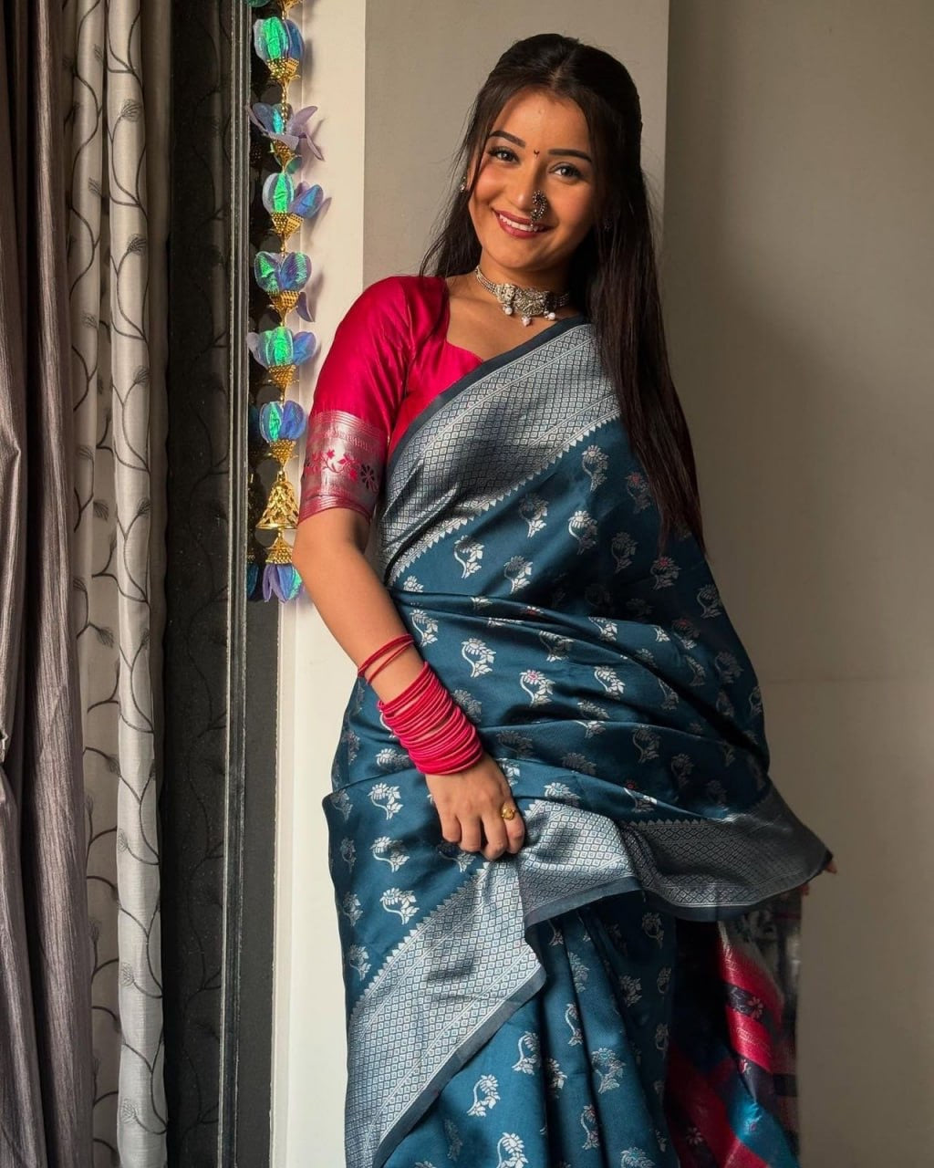 Teal Blue Silk Saree with Silver Zari Weaving & Contrast Pink Blouse