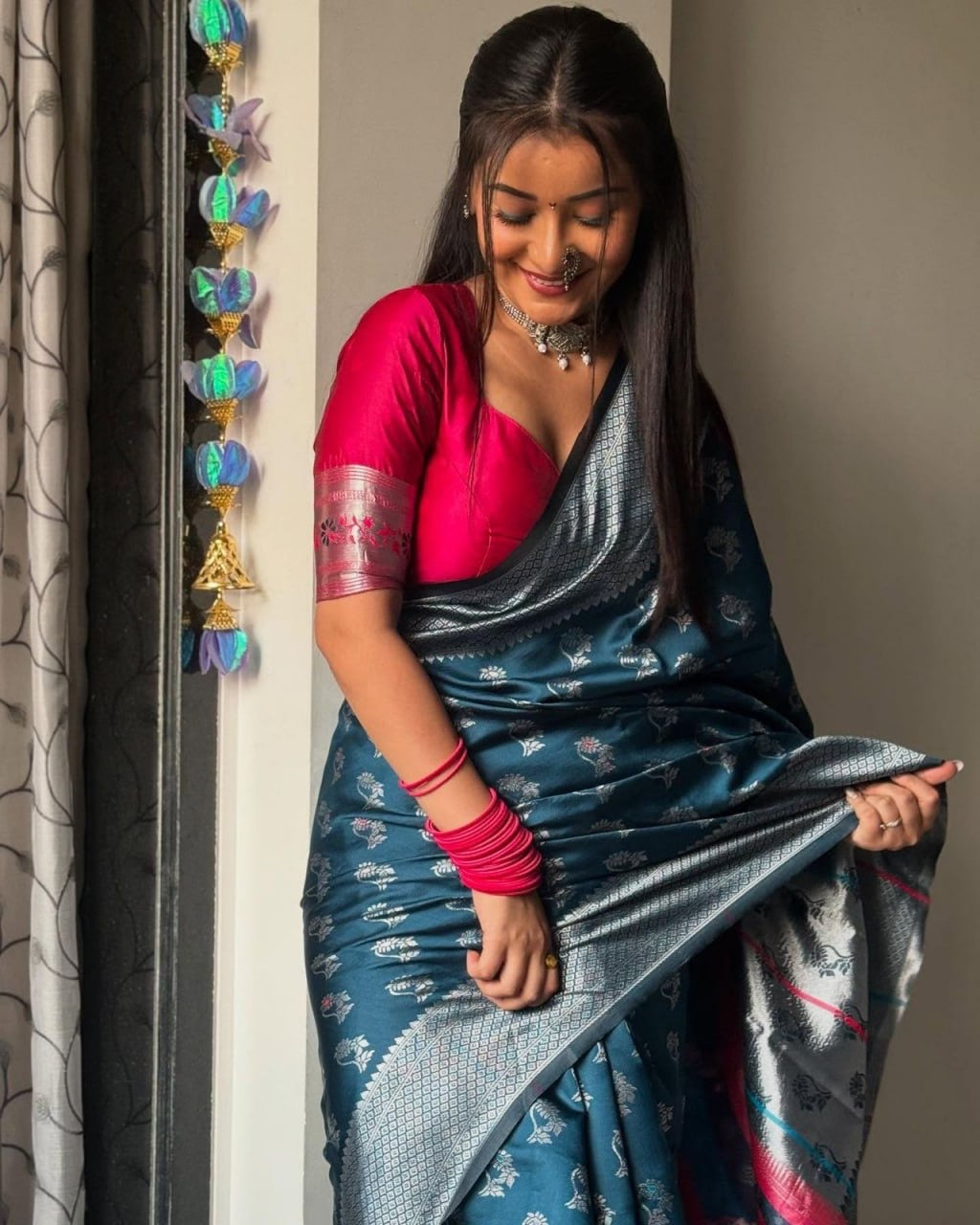 Teal Blue Silk Saree with Silver Zari Weaving & Contrast Pink Blouse