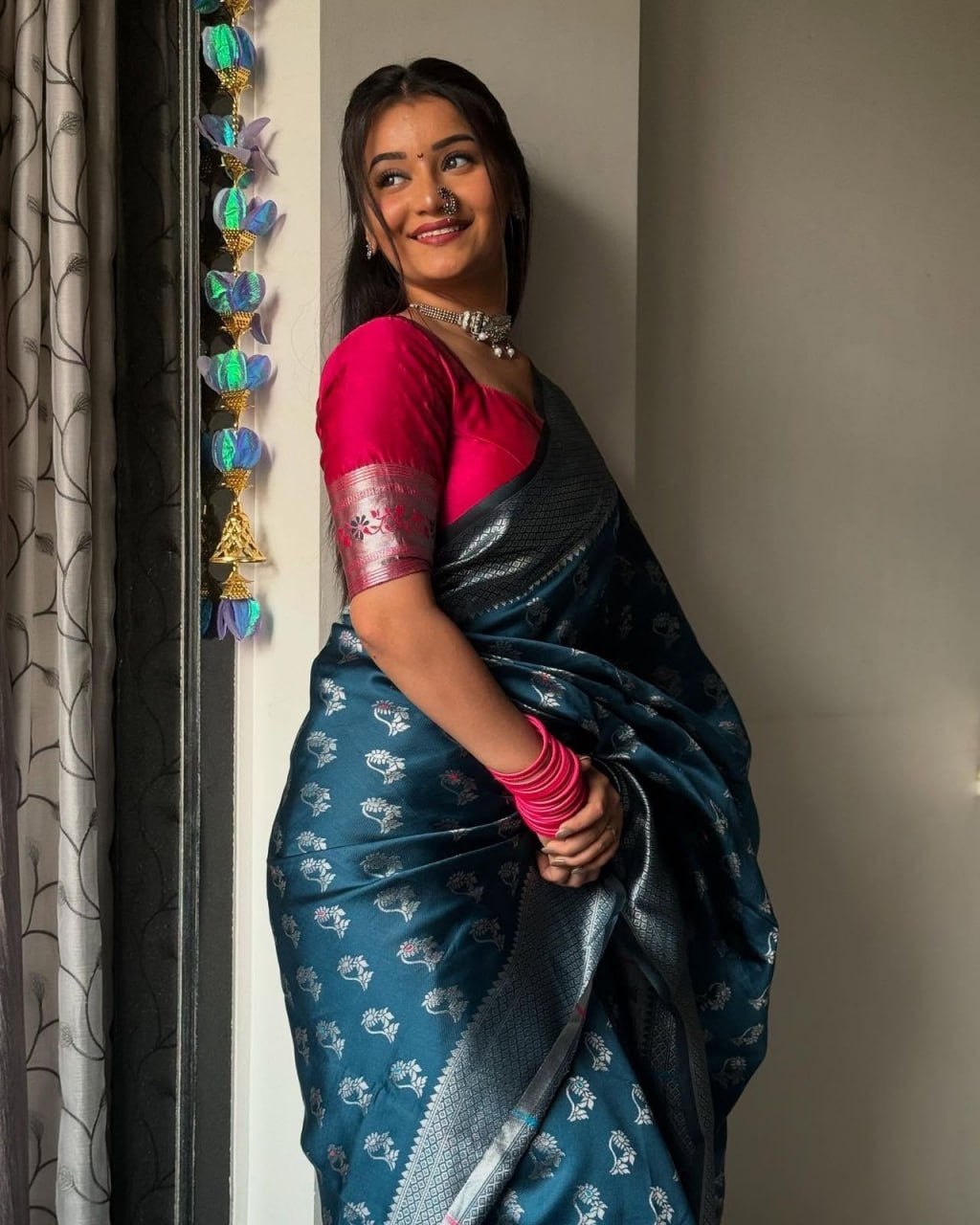 Teal Blue Silk Saree with Silver Zari Weaving & Contrast Pink Blouse