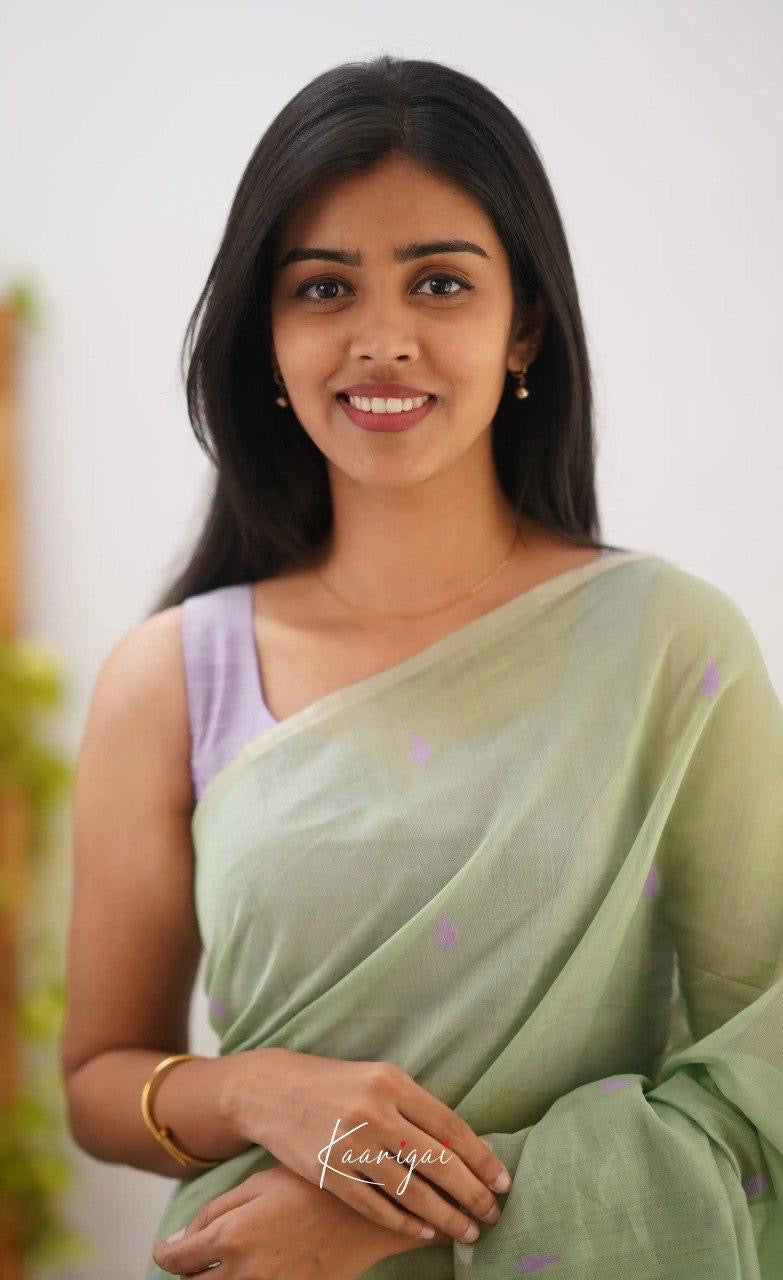 Pastel Green Handwoven Cotton Soft Saree with Lavender Border