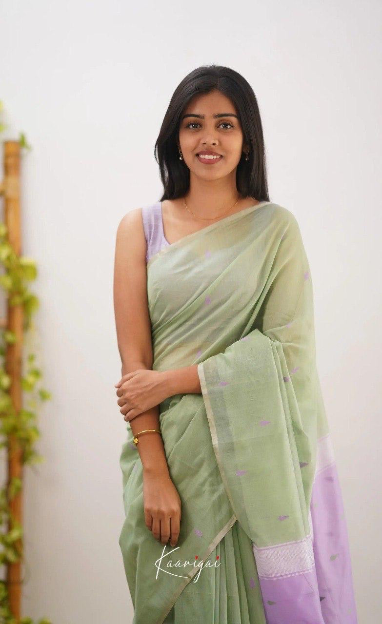 Pastel Green Handwoven Cotton Soft Saree with Lavender Border