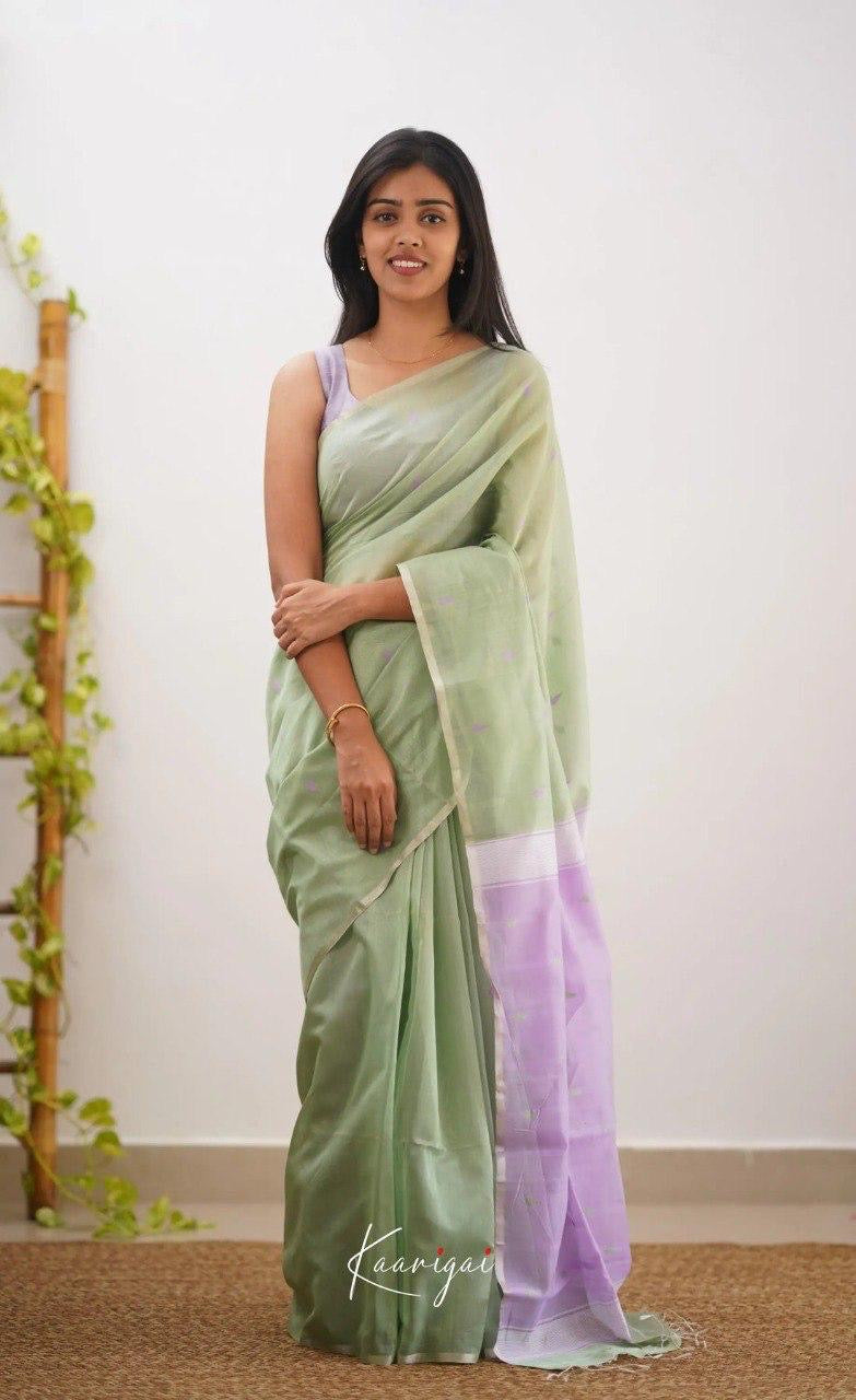Pastel Green Handwoven Cotton Soft Saree with Lavender Border