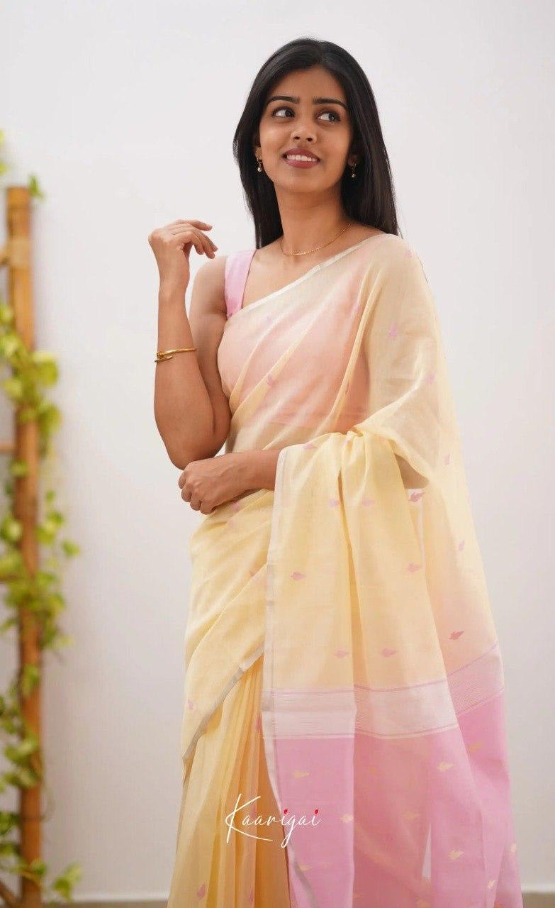 Pastel Yellow Handwoven Cotton Soft Saree with Soft Pink Contrast Border