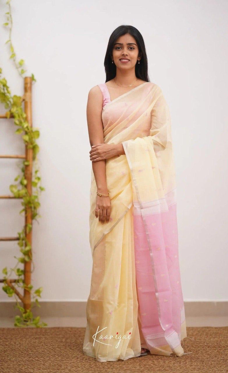 Pastel Yellow Handwoven Cotton Soft Saree with Soft Pink Contrast Border