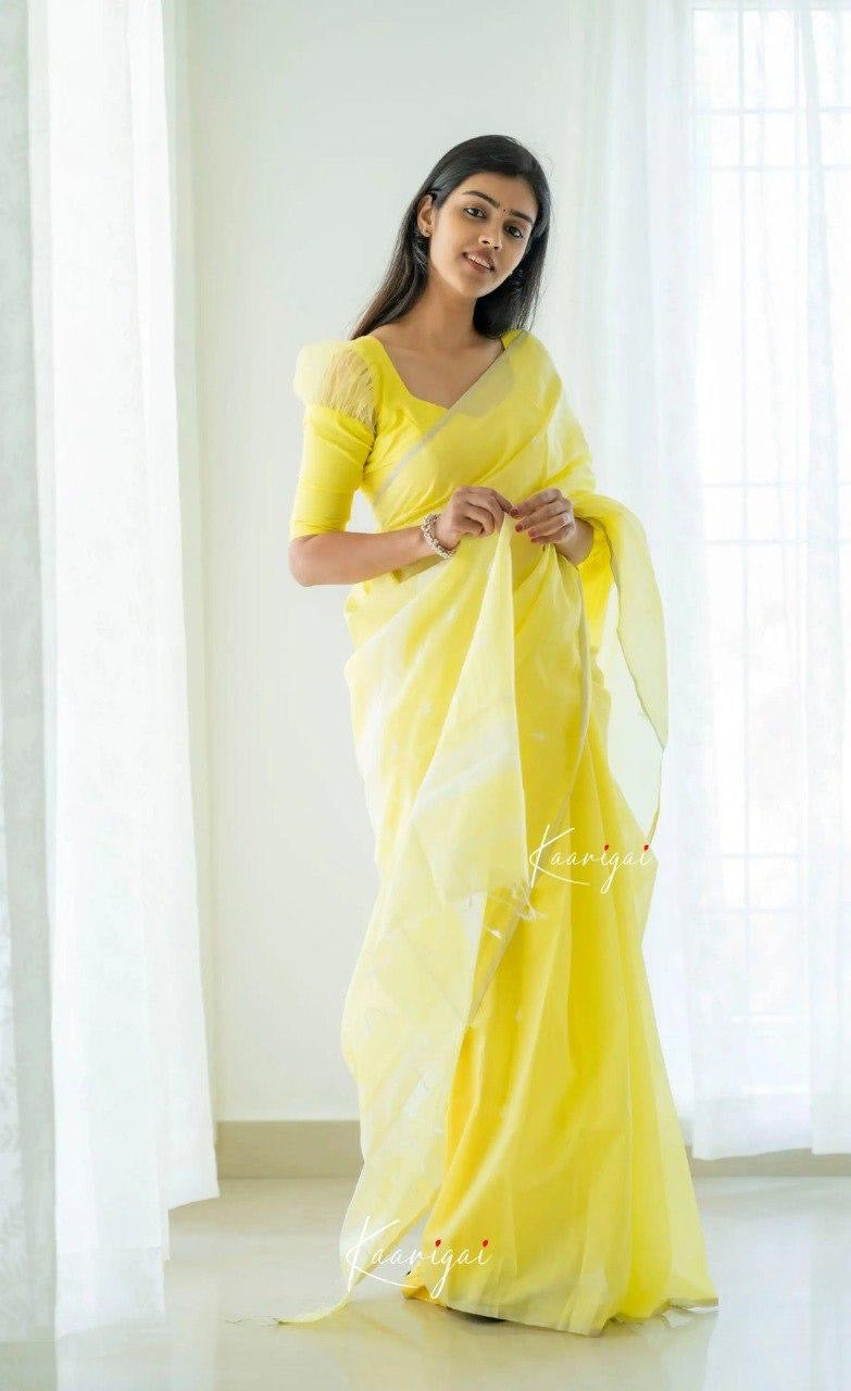 Sunshine Yellow Cotton Soft Silk Handwoven Saree with Elegant Silver Border