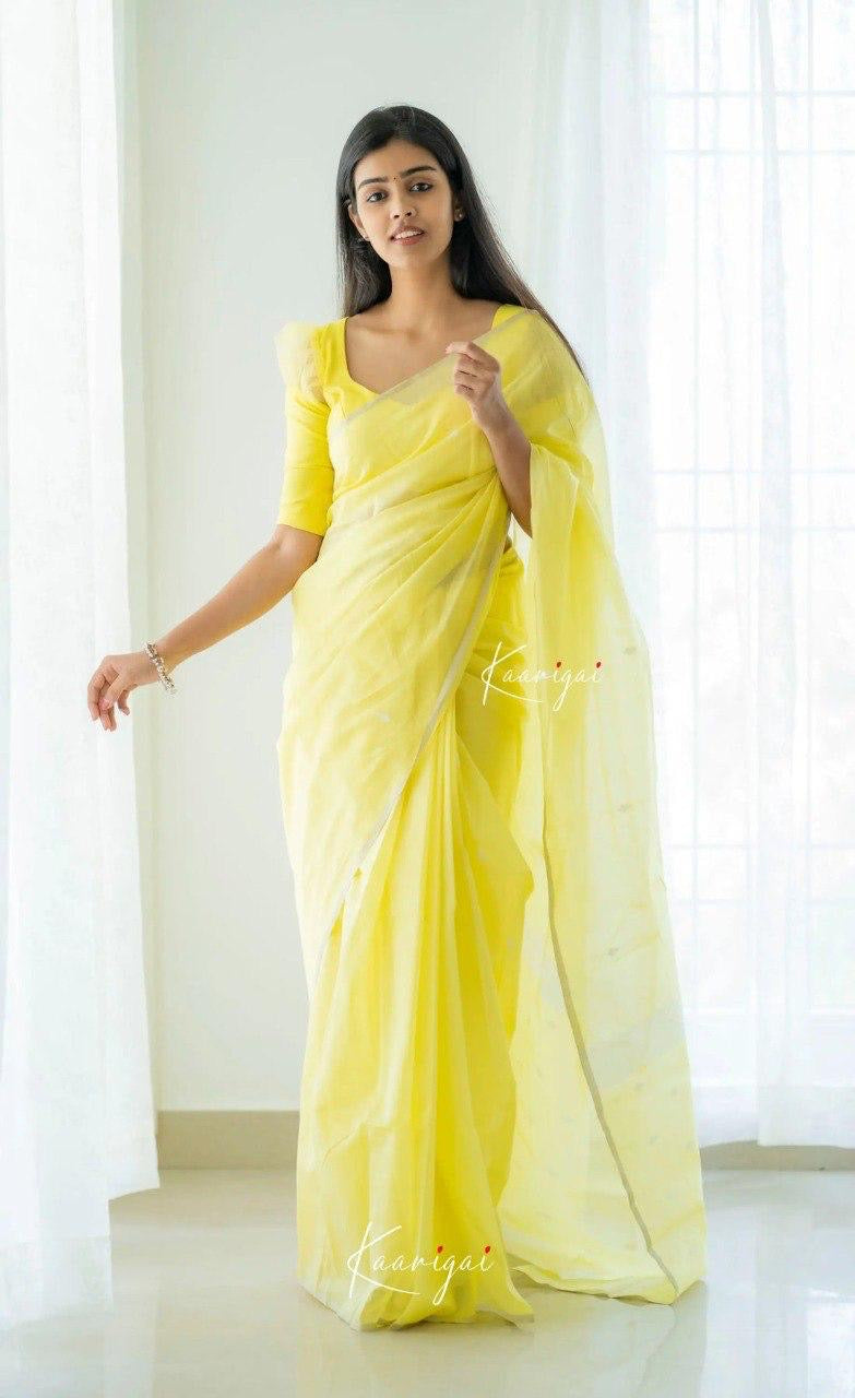 Sunshine Yellow Cotton Soft Silk Handwoven Saree with Elegant Silver Border