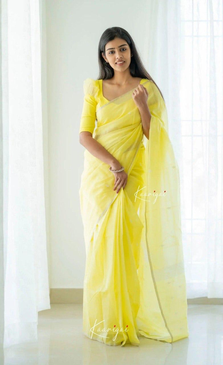 Sunshine Yellow Cotton Soft Silk Handwoven Saree with Elegant Silver Border