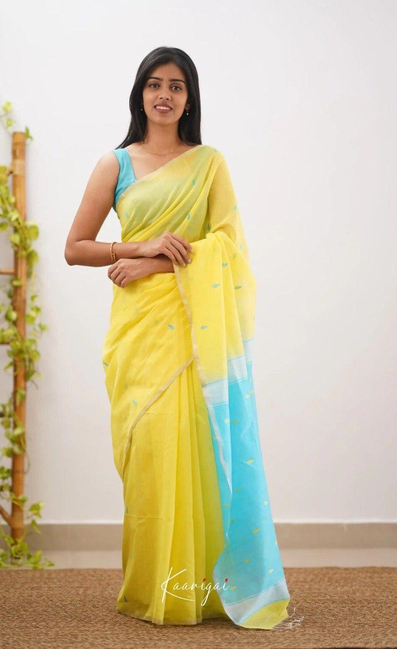 Yellow & Aqua Blue Cotton Soft Silk Handwoven Saree with Subtle Butta Work