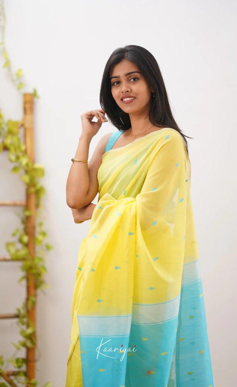 Yellow & Aqua Blue Cotton Soft Silk Handwoven Saree with Subtle Butta Work