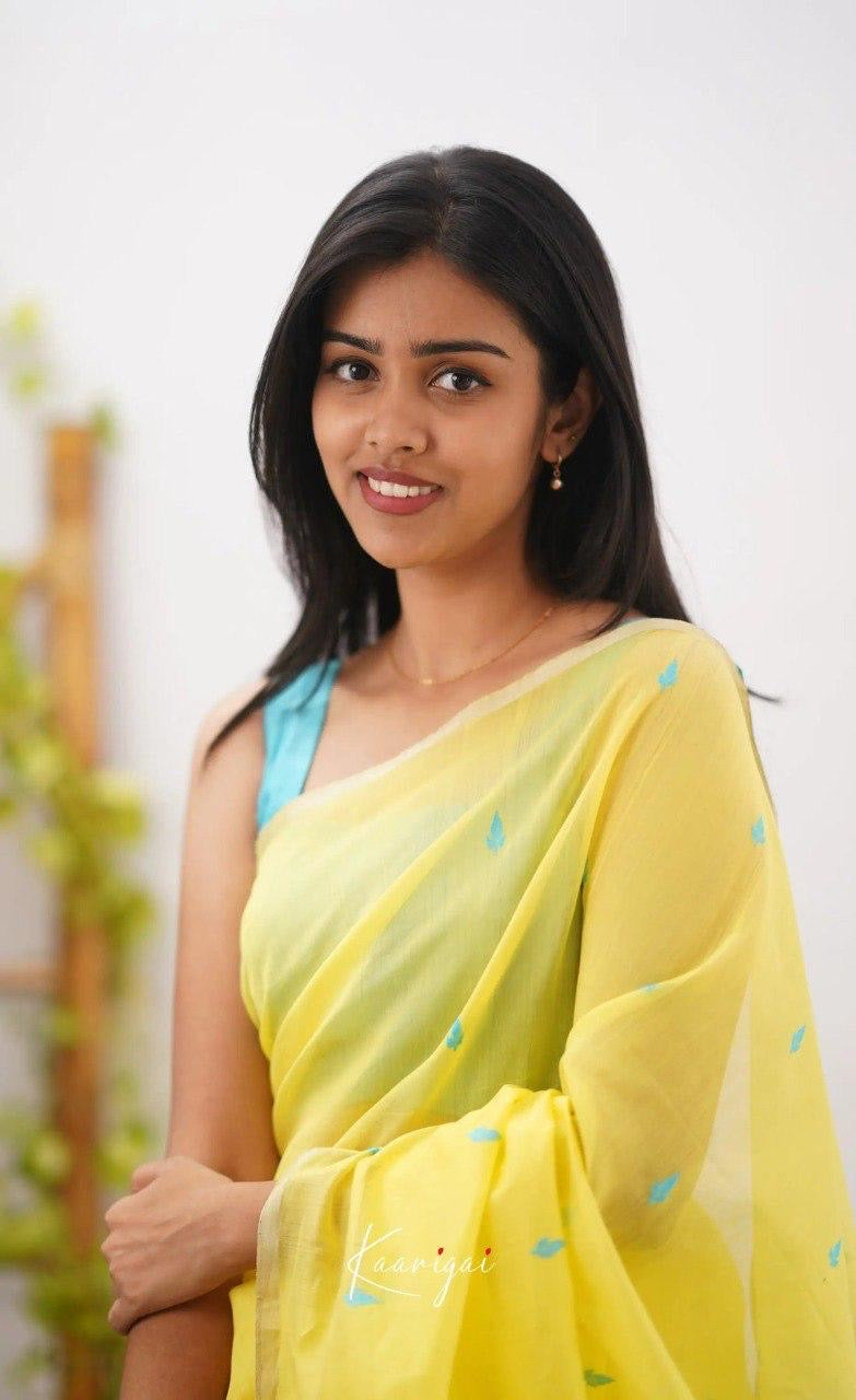 Yellow & Aqua Blue Cotton Soft Silk Handwoven Saree with Subtle Butta Work