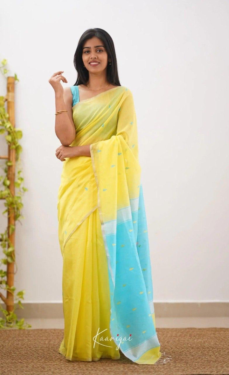 Yellow & Aqua Blue Cotton Soft Silk Handwoven Saree with Subtle Butta Work