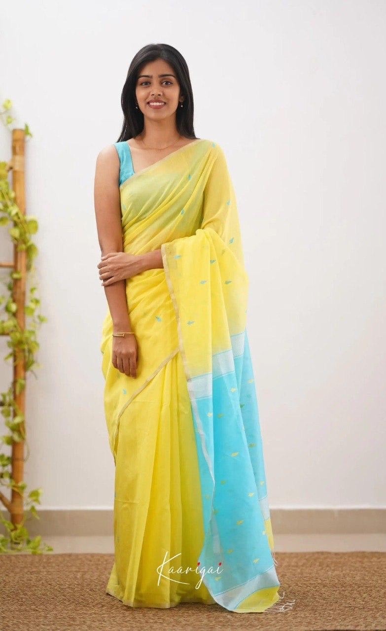 Yellow & Aqua Blue Cotton Soft Silk Handwoven Saree with Subtle Butta Work