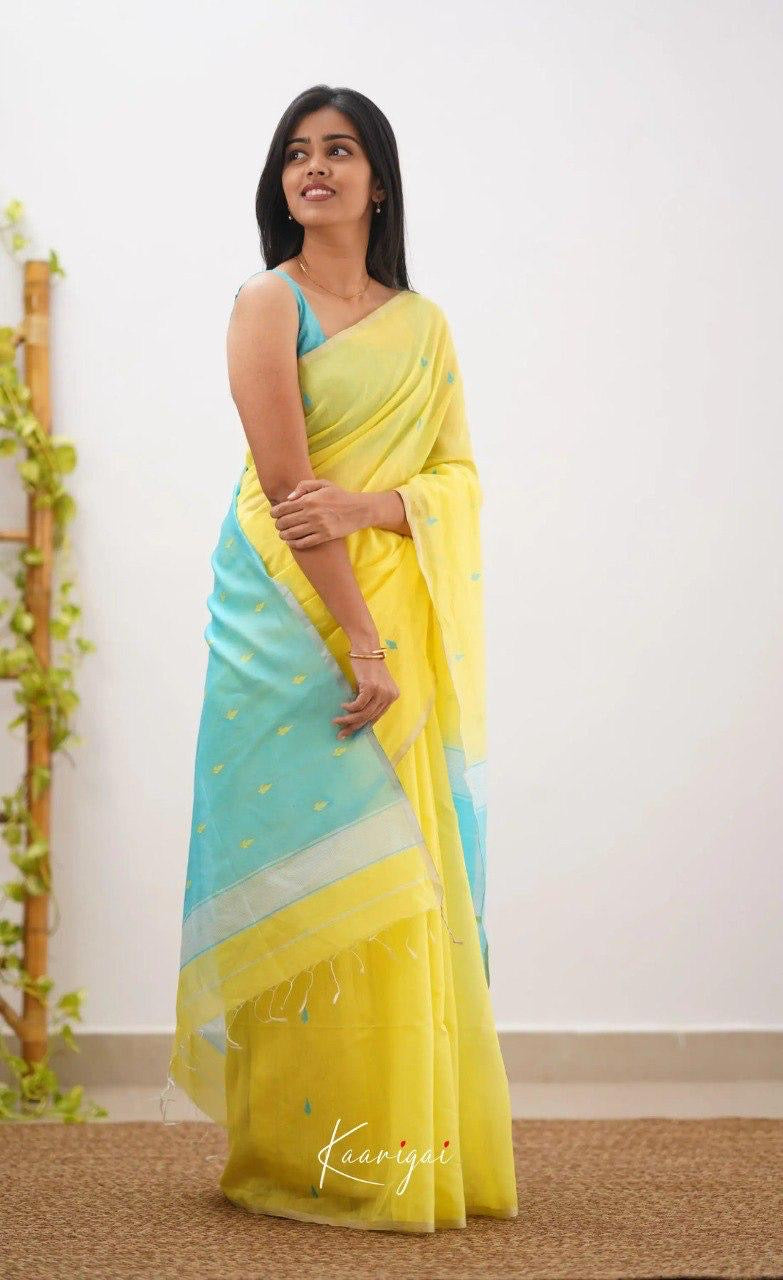 Yellow & Aqua Blue Cotton Soft Silk Handwoven Saree with Subtle Butta Work