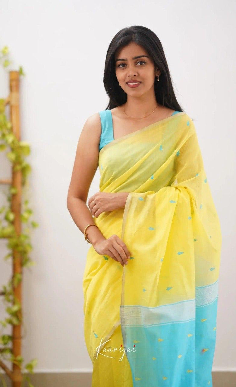 Yellow & Aqua Blue Cotton Soft Silk Handwoven Saree with Subtle Butta Work