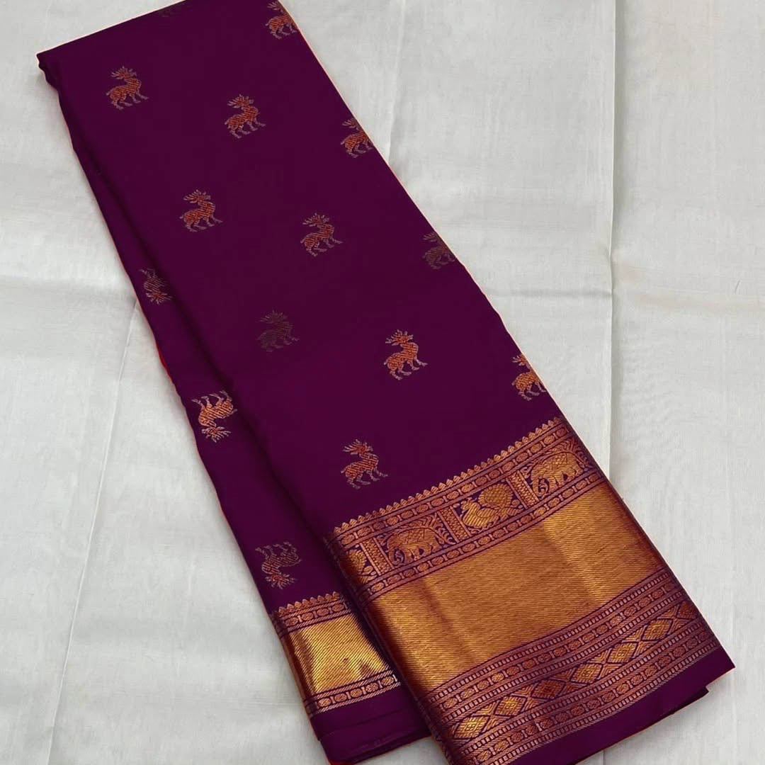 Royal Purple Kanjivaram Silk Saree with Zari Animal Motifs & Broad Golden Border