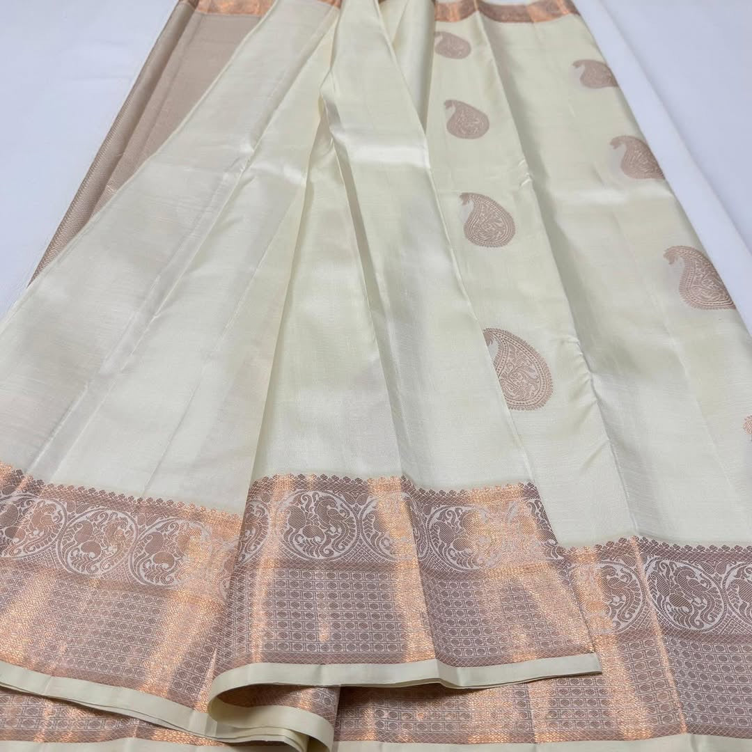 Elegant Off-White Kanjivaram Silk Saree with Rose Gold Zari Work