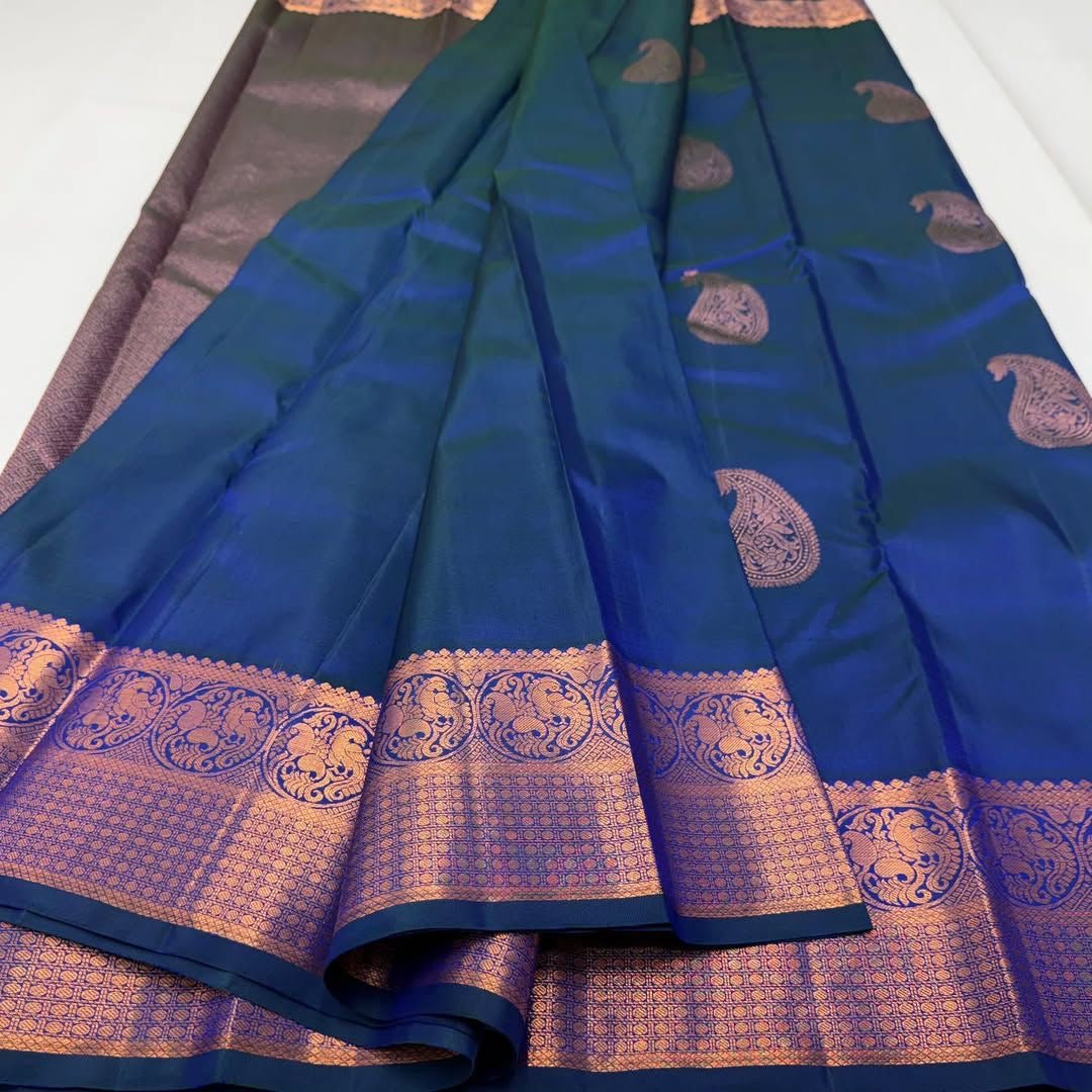 Royal Blue Kanjivaram Silk Saree with Paisley Butta & Copper Zari Border