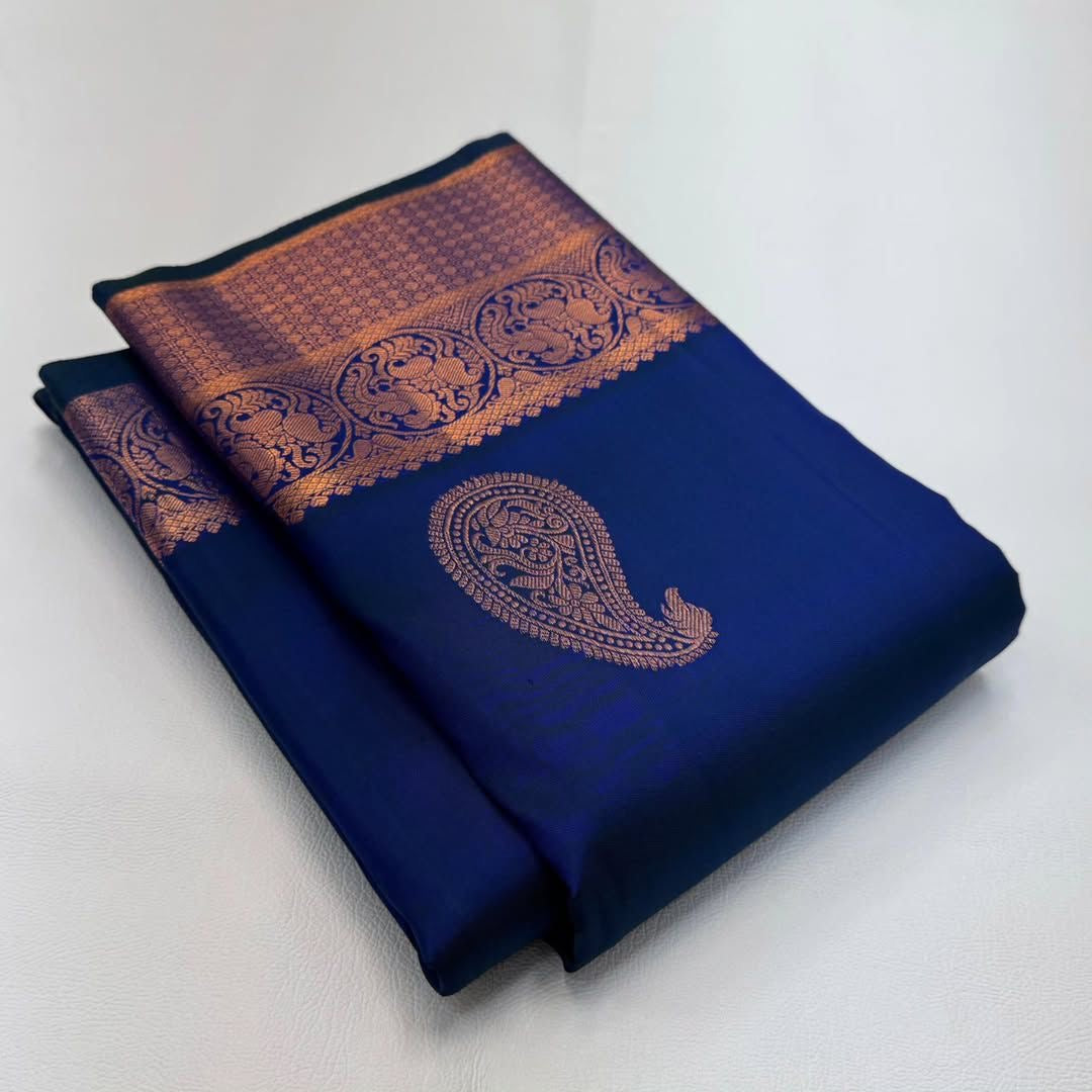 Royal Blue Kanjivaram Silk Saree with Paisley Butta & Copper Zari Border