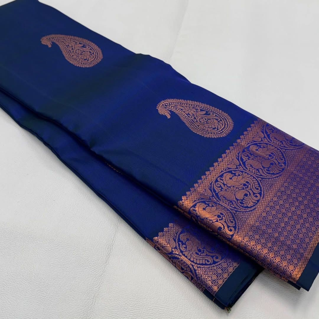 Royal Blue Kanjivaram Silk Saree with Paisley Butta & Copper Zari Border