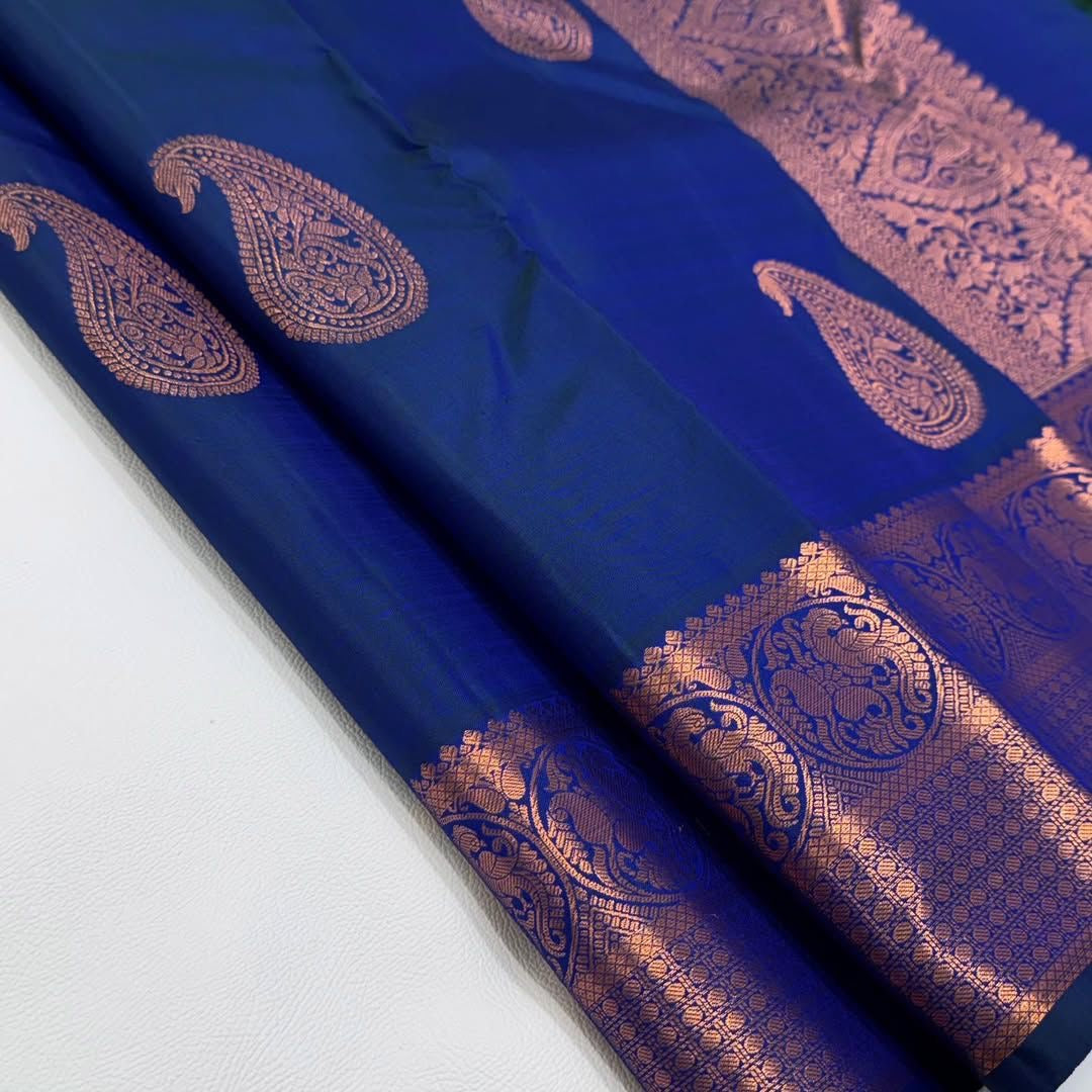 Royal Blue Kanjivaram Silk Saree with Paisley Butta & Copper Zari Border
