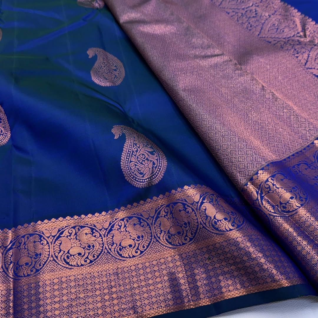 Royal Blue Kanjivaram Silk Saree with Paisley Butta & Copper Zari Border