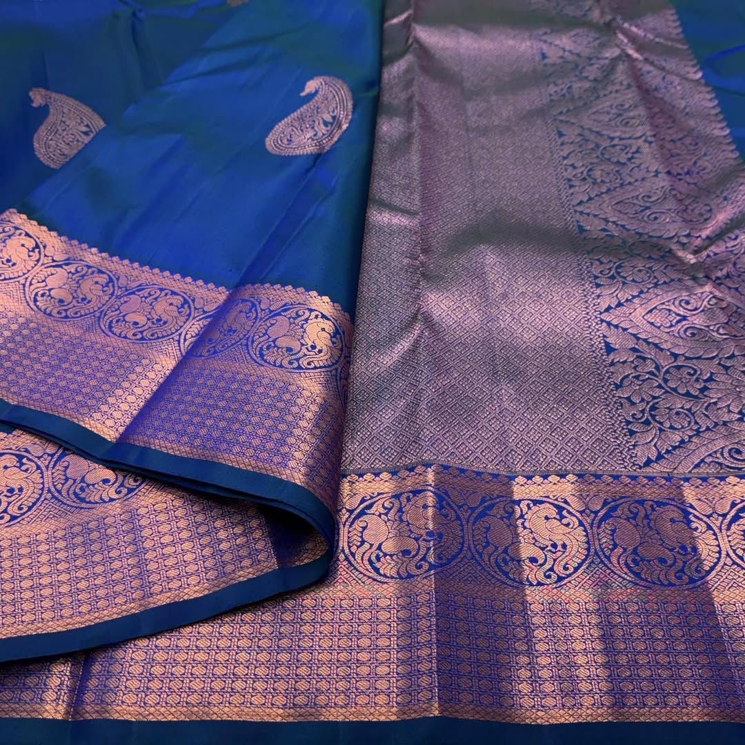 Royal Blue Kanjivaram Silk Saree with Paisley Butta & Copper Zari Border