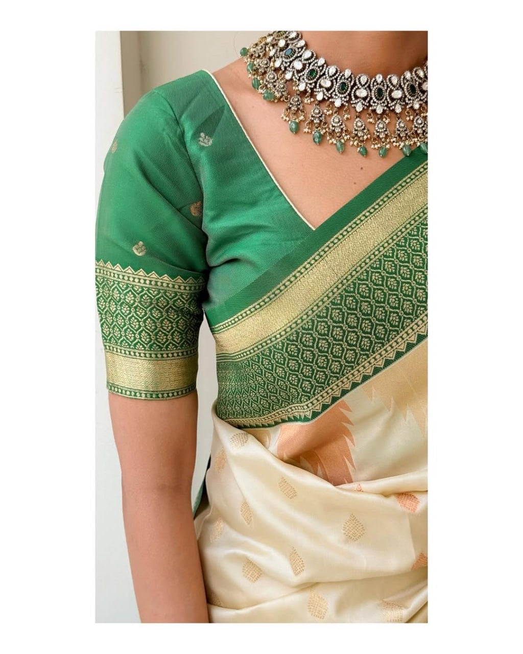 Elegant Cream Kanjivaram Silk Saree with Green Zari Border