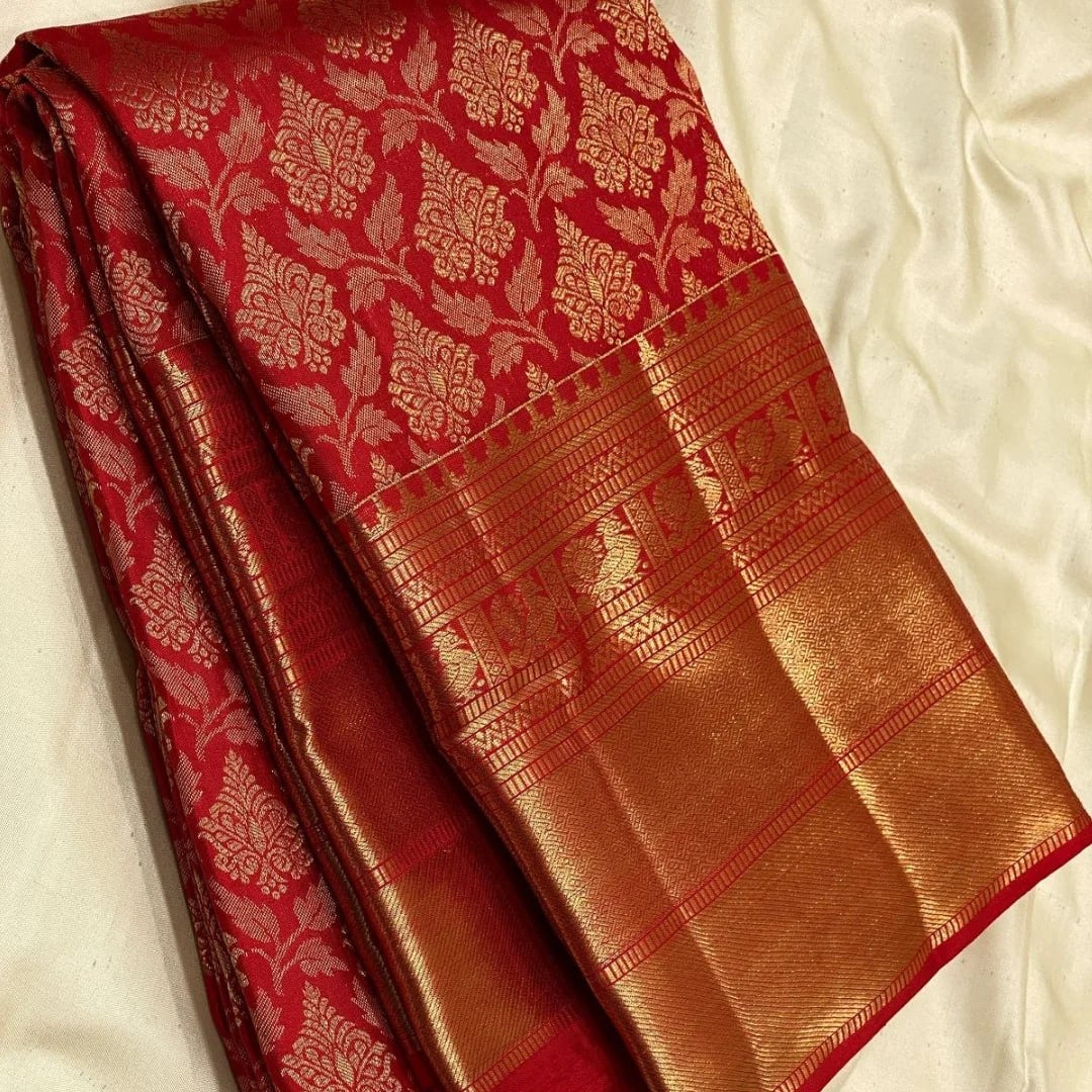Royal Red Banarasi Silk Saree with Golden Zari Floral Design