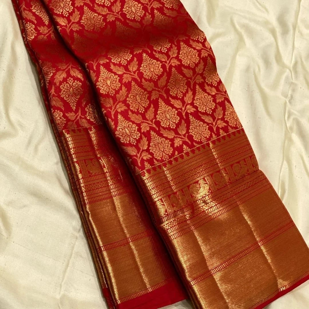 Royal Red Banarasi Silk Saree with Golden Zari Floral Design