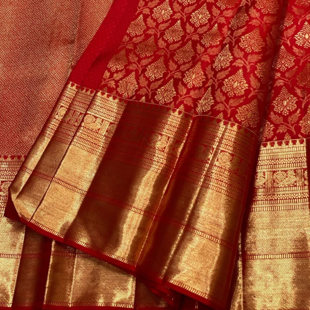 Royal Red Banarasi Silk Saree with Golden Zari Floral Design