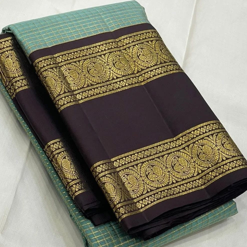 Teal and Coffee Brown Kanchipuram Silk Saree
