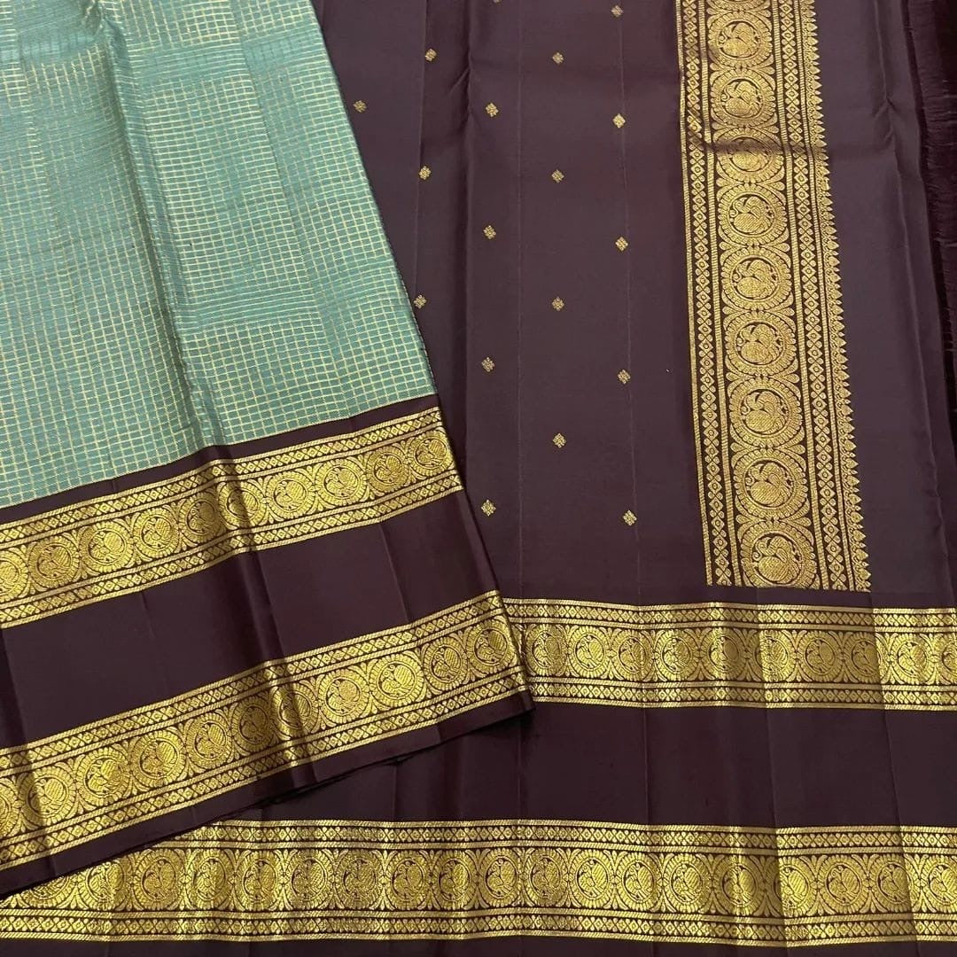 Teal and Coffee Brown Kanchipuram Silk Saree