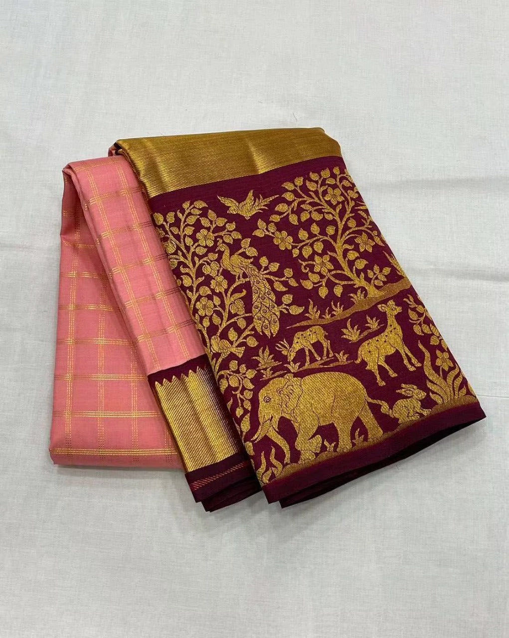 Maroon and Pink Kanjivaram Silk Saree with Golden Zari Forest Motif