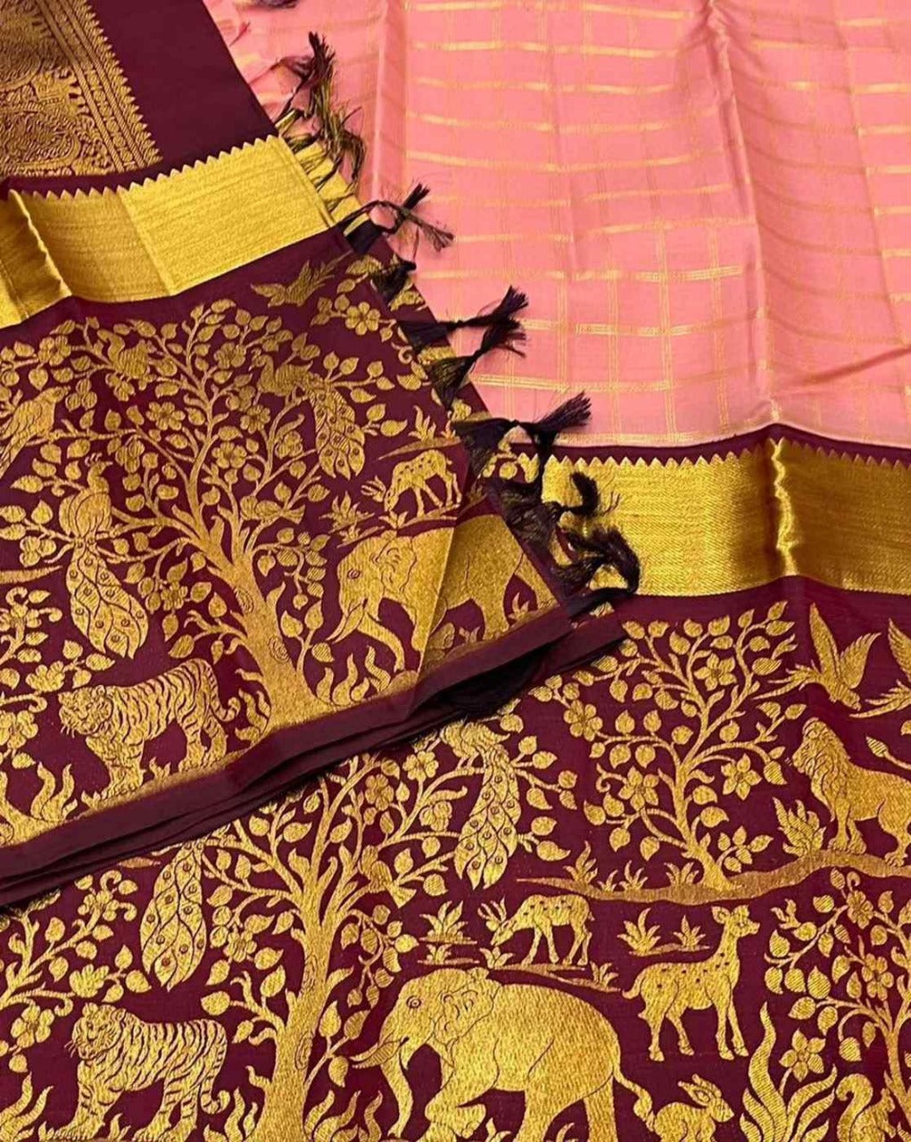 Maroon and Pink Kanjivaram Silk Saree with Golden Zari Forest Motif