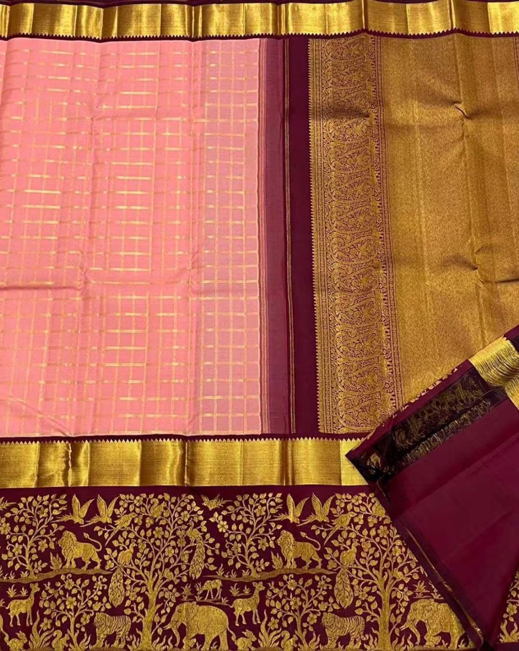 Maroon and Pink Kanjivaram Silk Saree with Golden Zari Forest Motif