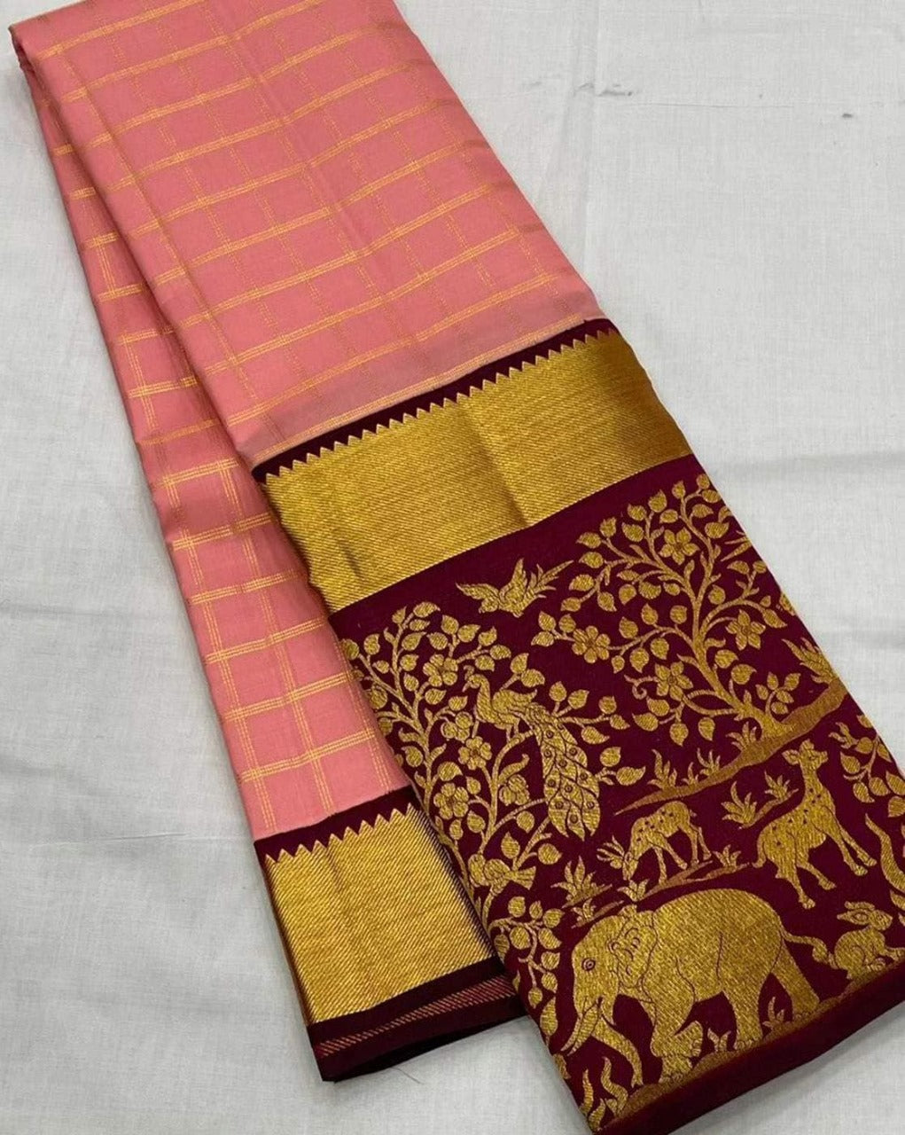 Maroon and Pink Kanjivaram Silk Saree with Golden Zari Forest Motif