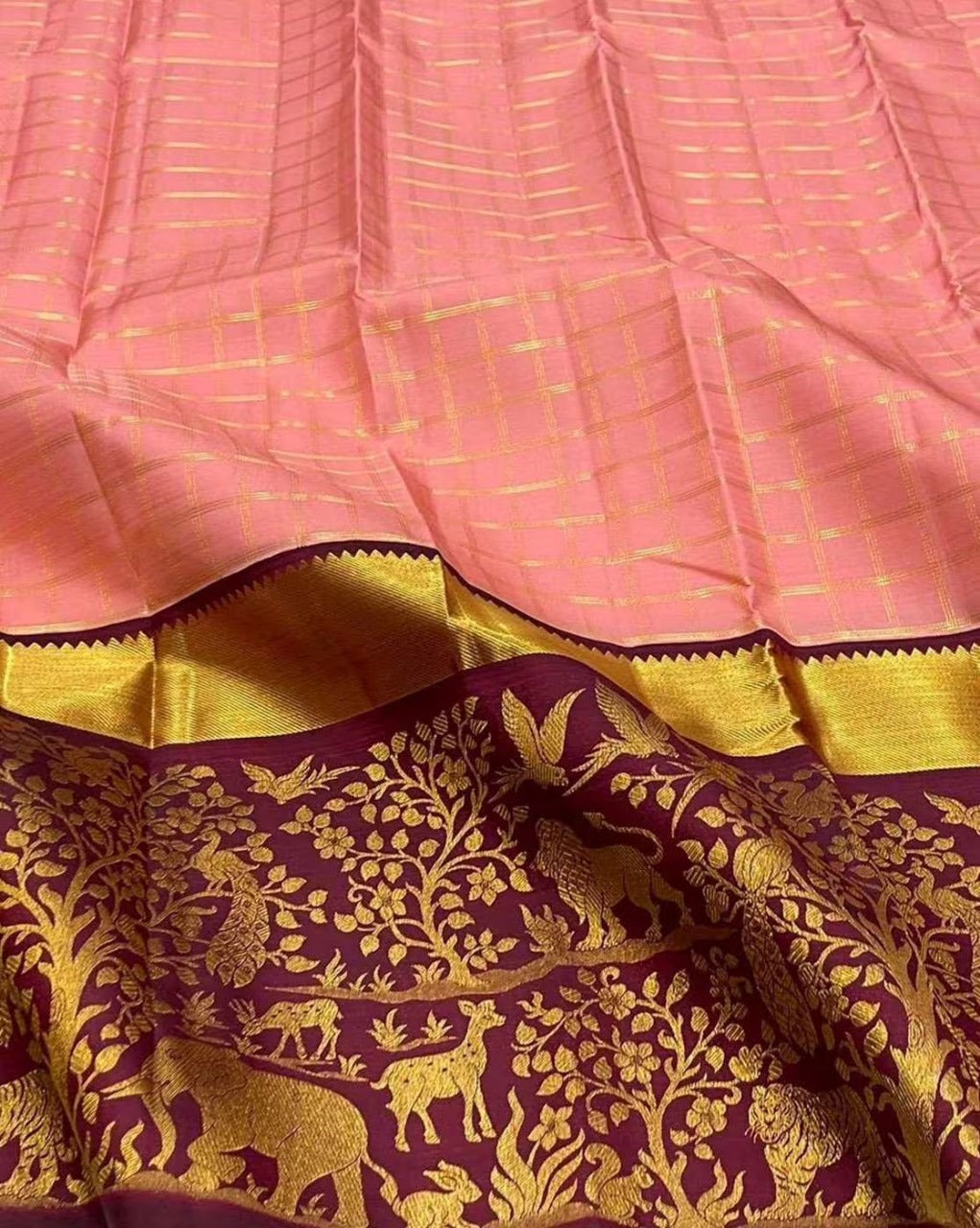 Maroon and Pink Kanjivaram Silk Saree with Golden Zari Forest Motif