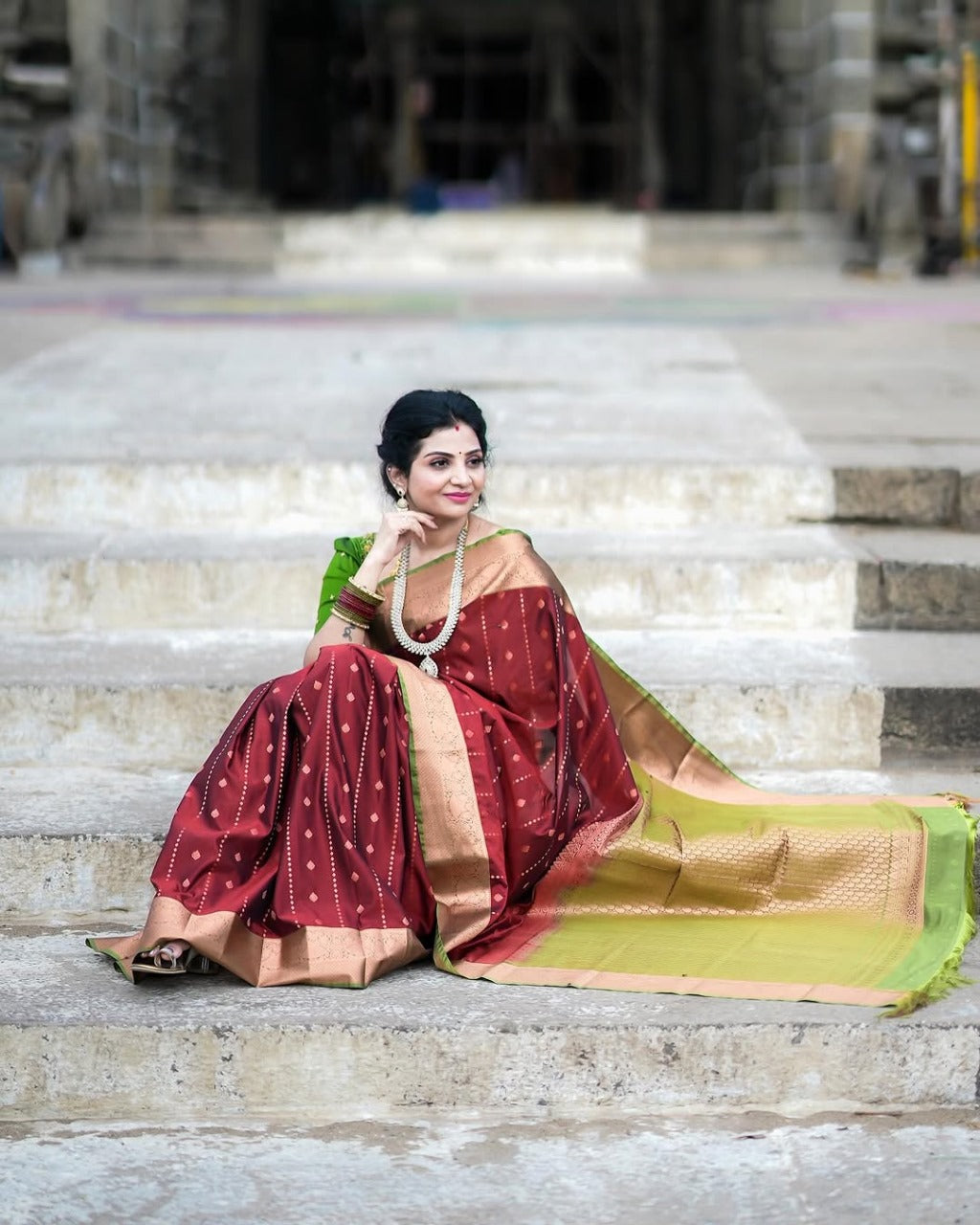 Maroon Silk Saree with Zari Butta Work and Olive Green Contrast Blouse