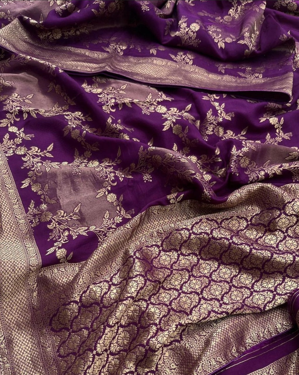 Royal Violet Silk Saree with Golden Floral Zari Weaving