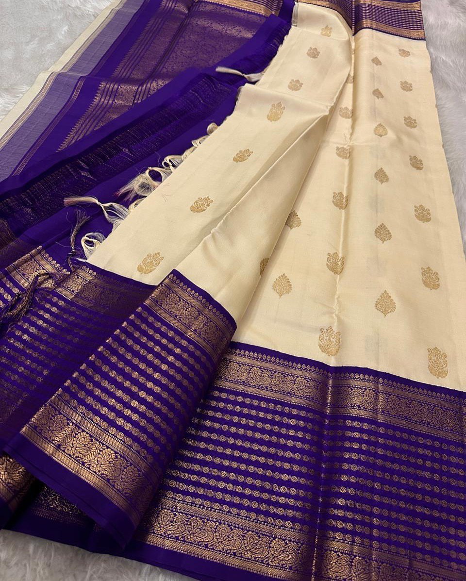 Cream Banarasi Soft Silk Saree