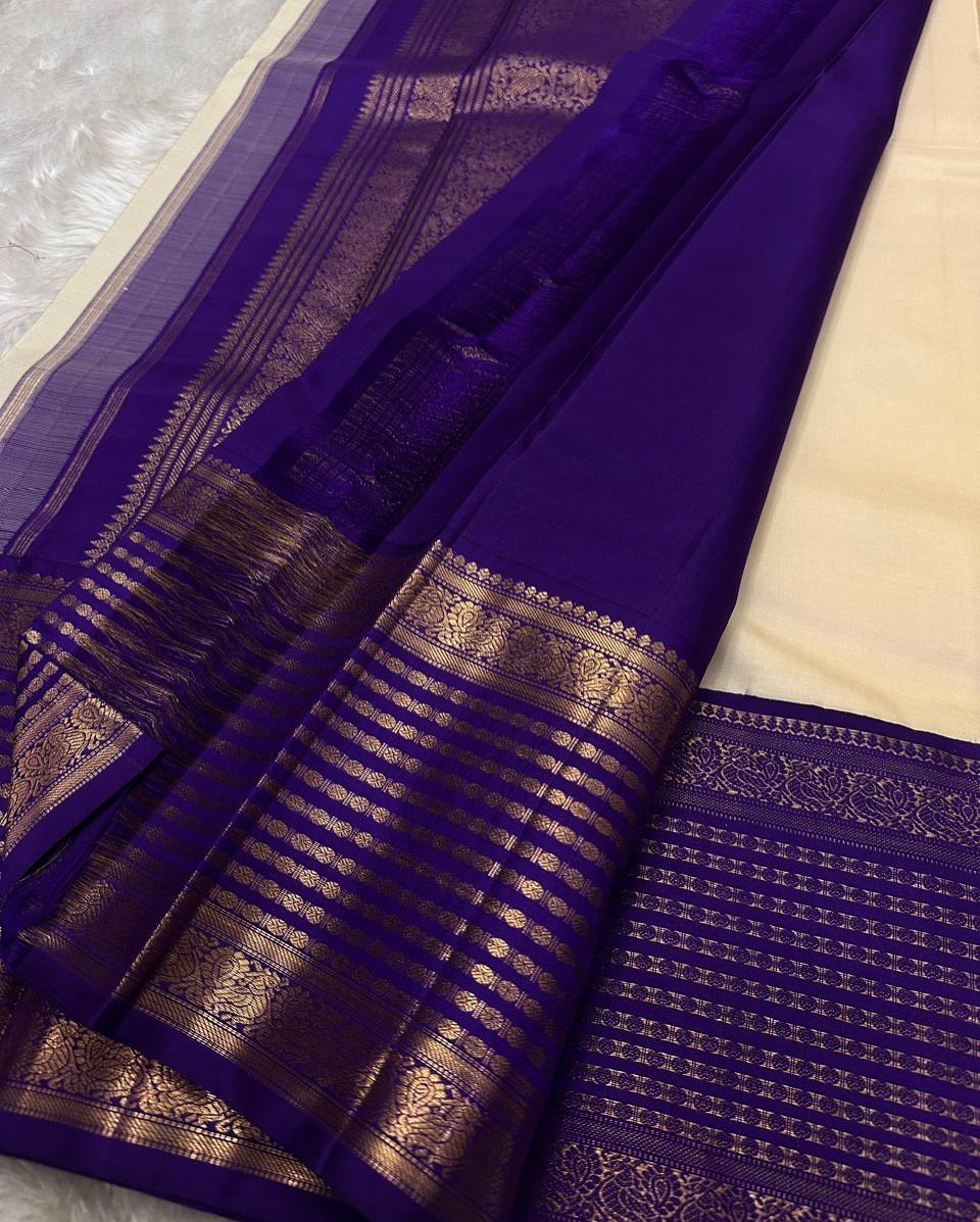 Cream Banarasi Soft Silk Saree