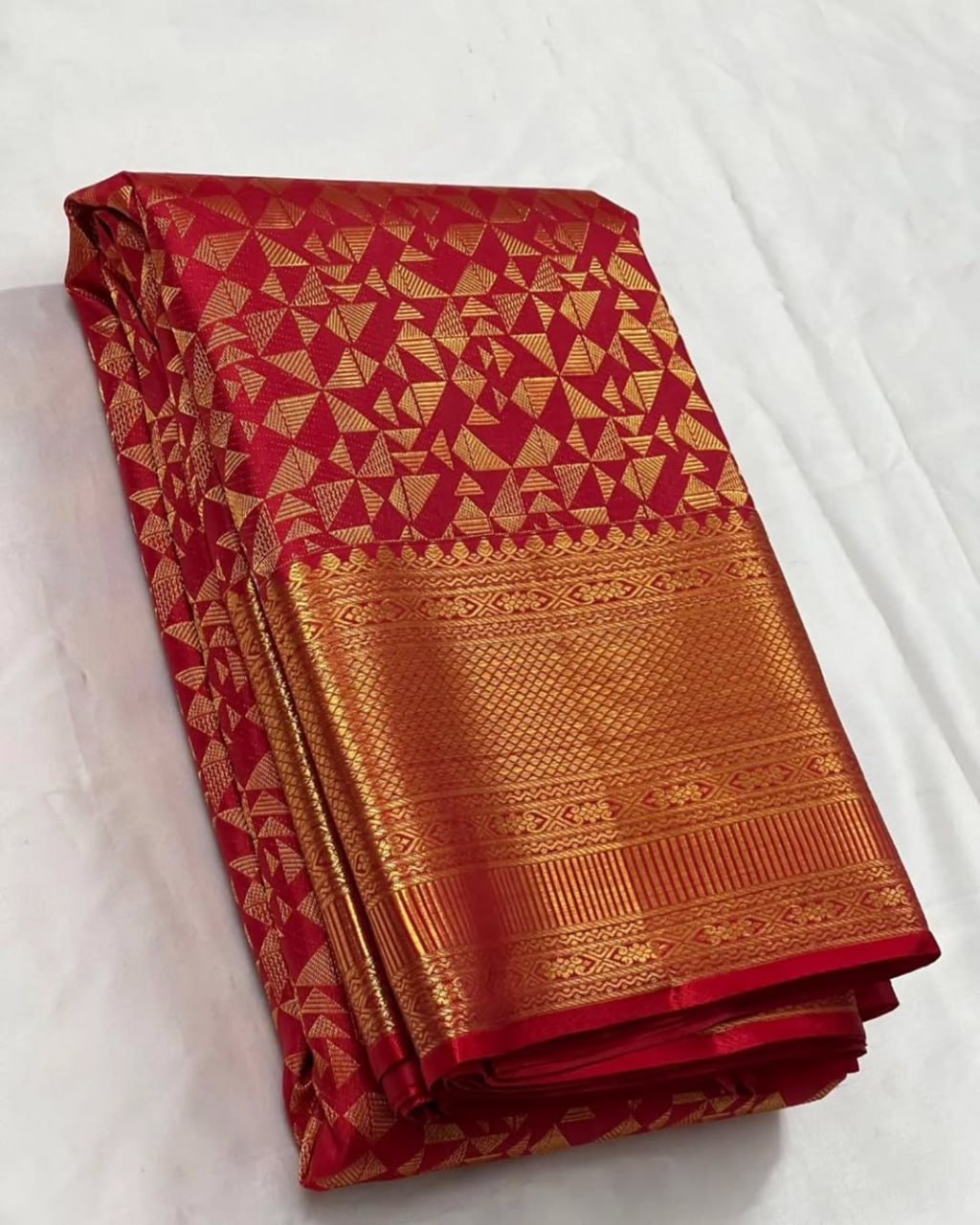 Red Banarasi Silk Saree with Geometric Gold Zari Pattern