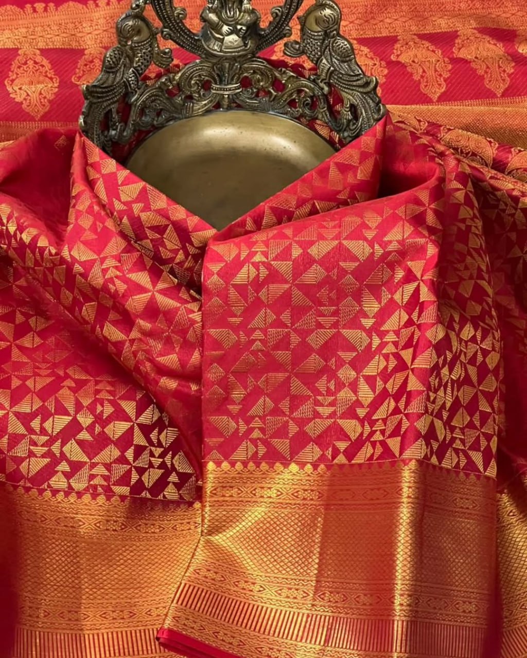 Red Banarasi Silk Saree with Geometric Gold Zari Pattern