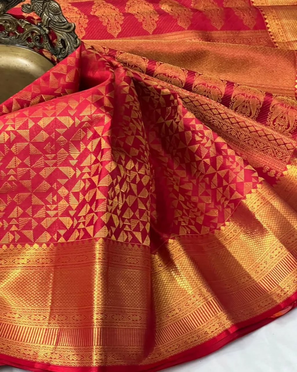 Red Banarasi Silk Saree with Geometric Gold Zari Pattern