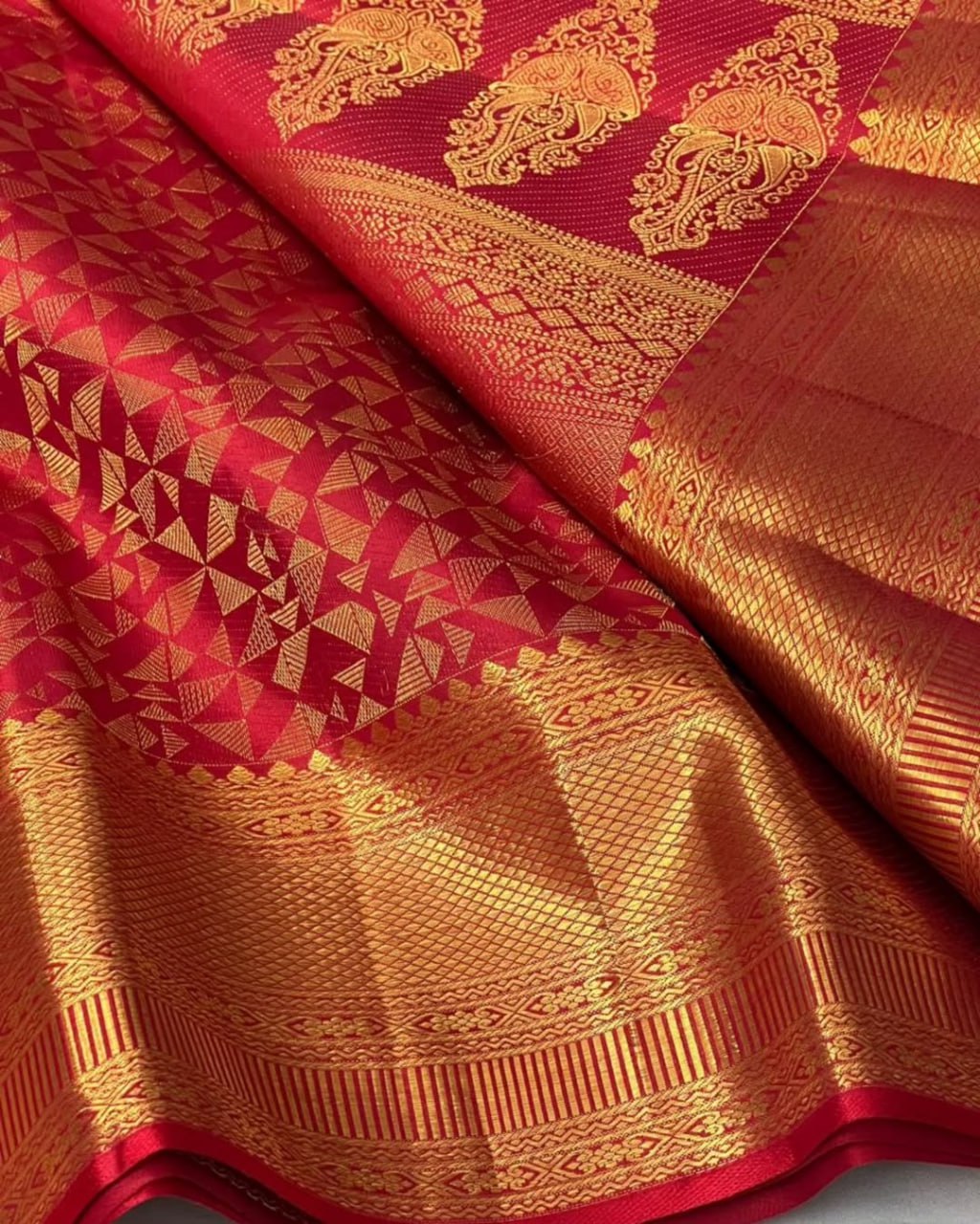 Red Banarasi Silk Saree with Geometric Gold Zari Pattern