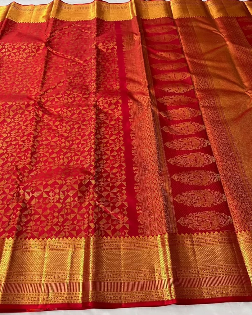 Red Banarasi Silk Saree with Geometric Gold Zari Pattern