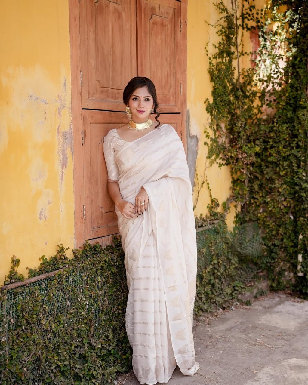 Elegant Off-White Organza Silk Saree