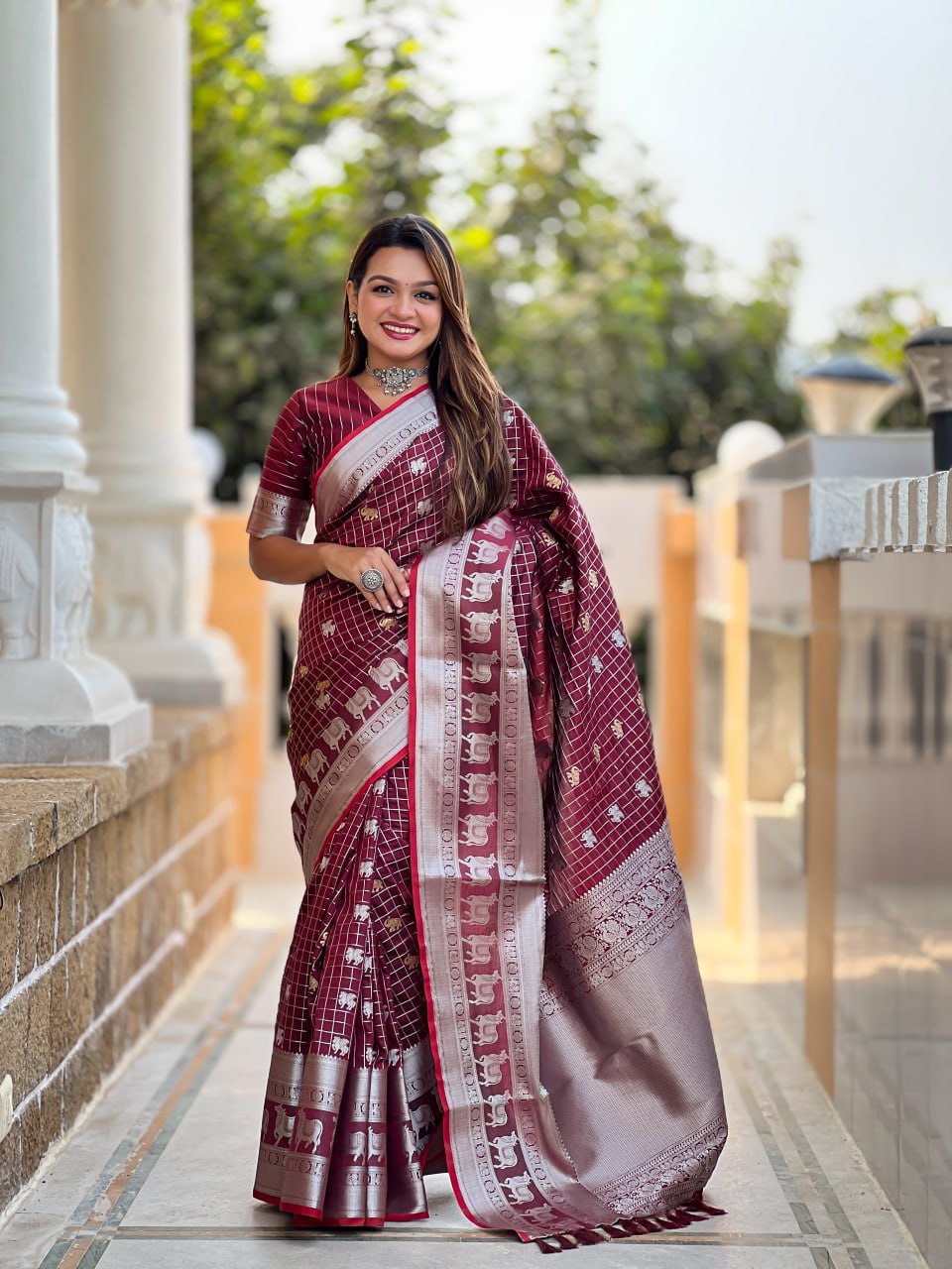 Rich Rani Pink Silk Saree with Silver Zari Animal Motifs
